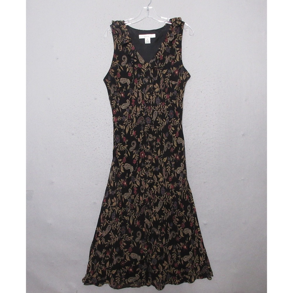 Vintage David Warren Dress 16 Silk Linen Dark Floral Ruffle Boho Cottage 90s Y2K